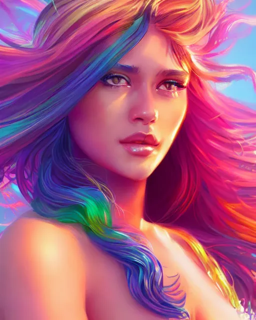 Image similar to summer vibes, beautiful sun tanned goddess portrait, flowy rainbow hair, sun, summer, cinematic lighting, highly detailed, digital painting, trending on artstation, pixiv, concept art, sharp focus, illustration, art by ross tran and wlop