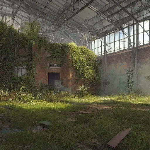 Image similar to an abandoned warehouse, overgrown with vegetation, beautiful graffiti on all walls, by craig mullins, octane rendering, warm moody lighting, wide angle lens, low view, in the style of pixar animation, trending on artstation