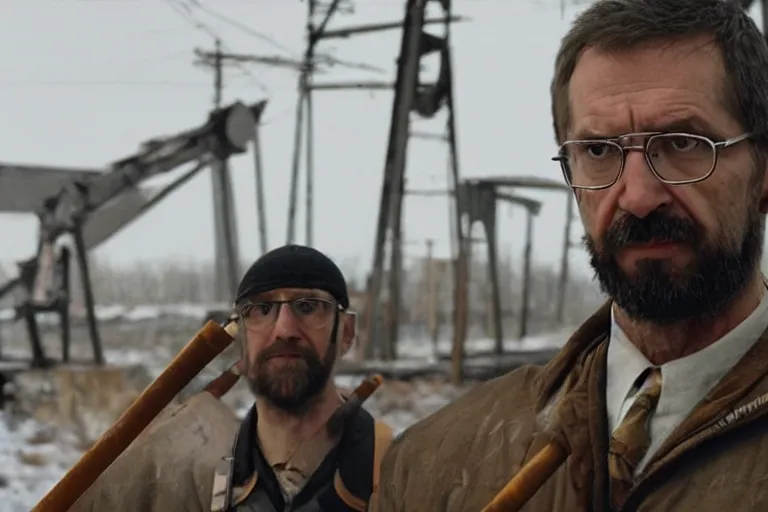 Image similar to vfx movie closeup real life gordon freeman holding crowbar in russian train yard by emmanuel lubezki