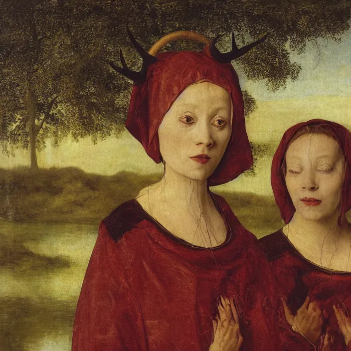 Image similar to a closeup portrait of a three - headed horned women, floating in huge levitating luminescent orb, in a foggy pond, golden hour, by jan van eyck