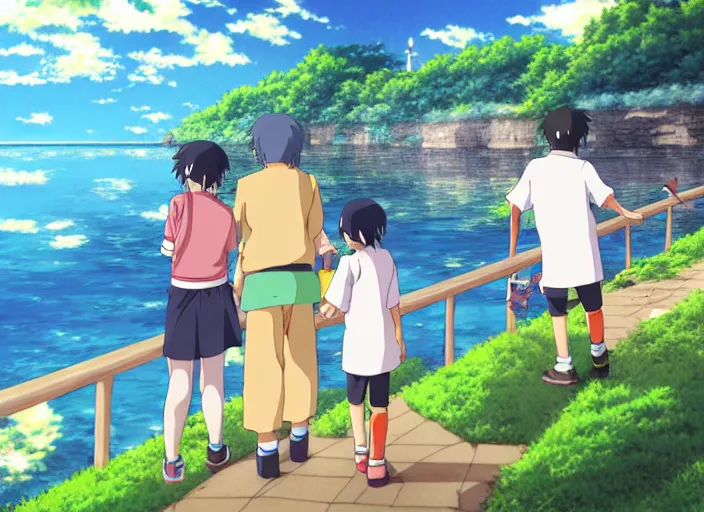 Image similar to An anime family enjoying the scenery of a lake/city, studio ghibli trending on pixiv