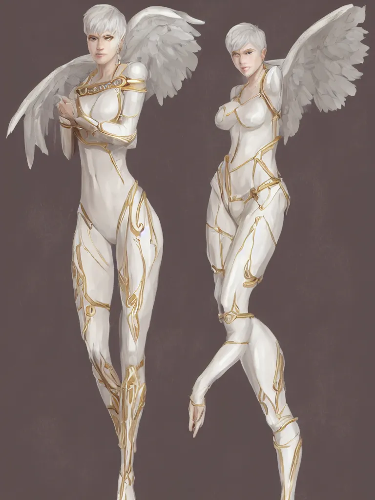 Prompt: human angel bisexual , white tights, white short hair, character concept art, golden earrings, trending on ArtStation.