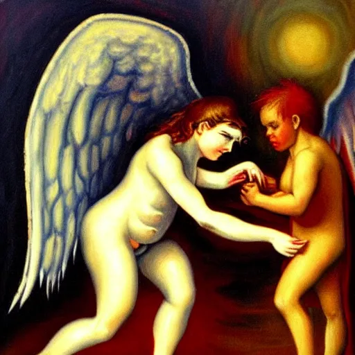 Prompt: A demon being stepped on by an angel, oil painting