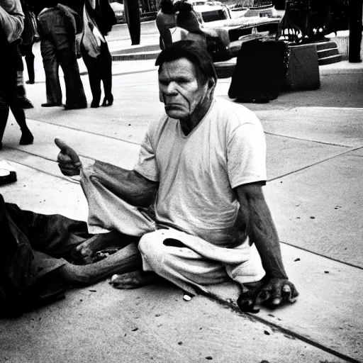 Prompt: kenneth copeland begging on the street of la, homeless, looking sad