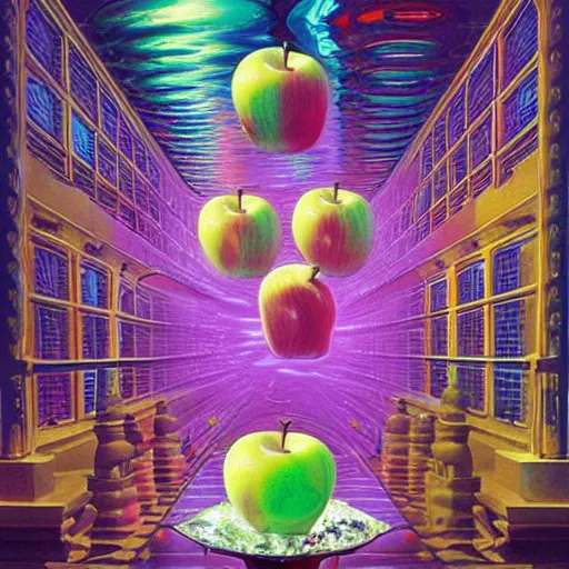 Image similar to jelly rococo gel apples bursting plasma and colorful auras, liquid, drippy, splashing, scifi 3 d paint spray by beeple, rob gonsalves, jeff koons, jacek yerka, m. c. escher