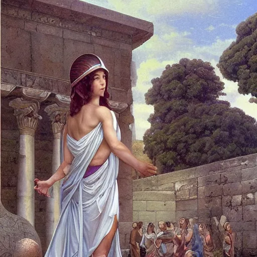 Prompt: young ancient greek godess in helmet, ancient greek temple, by David Ligare, wide angle scifi landscape, hyperrealistic surrealism, award winning masterpiece with incredible details, epic stunning, infinity pool, a surreal vaporwave liminal space, highly detailed, trending on ArtStation, artgerm and greg rutkowski and alphonse mucha, daily deviation, IAMAG, broken giant marble head statue ruins, golden hour