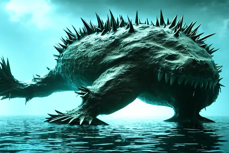 Prompt: huge bulky water creature made out of a humanoid nervous system with large meaty spikes all over the body, cinematic, volumetric lighting, f 8 aperture, cinematic eastman 5 3 8 4 film, photorealistic