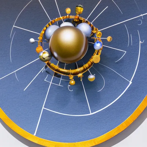 Prompt: a kinetic sculpture of this solar system, sun, orrery, canon 5 d 5 0 mm lens, papier - mache, studio, circa 2 0 2 5