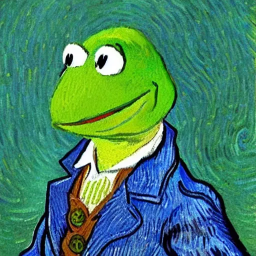 Prompt: Kermit the Frog, Van Gogh portrait, painting, detailed, visible brush strokes