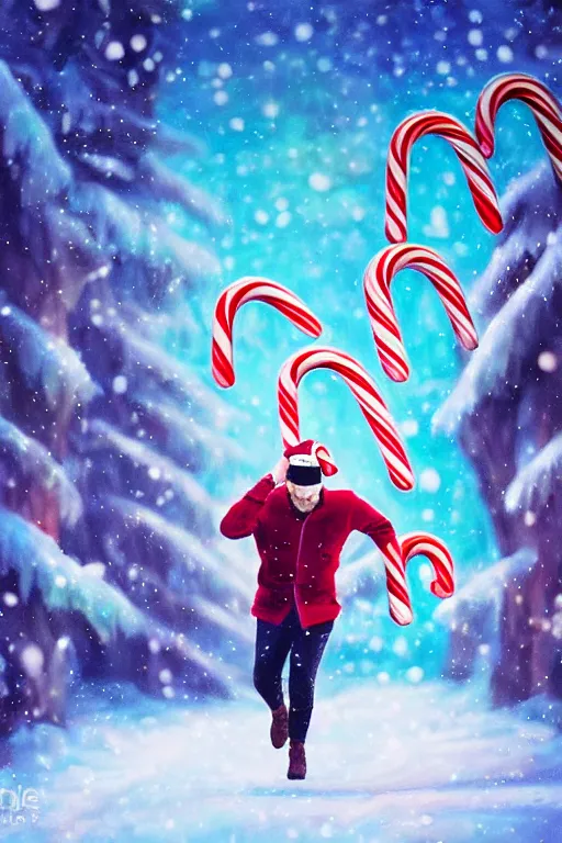 Image similar to a man running through a snowy christmas fantasy landscape, giant candy canes, colorful magic effects, olive skin, portrait, male, sharp focus, digital art, concept art, dynamic lighting, by emylie boivin and rossdraws