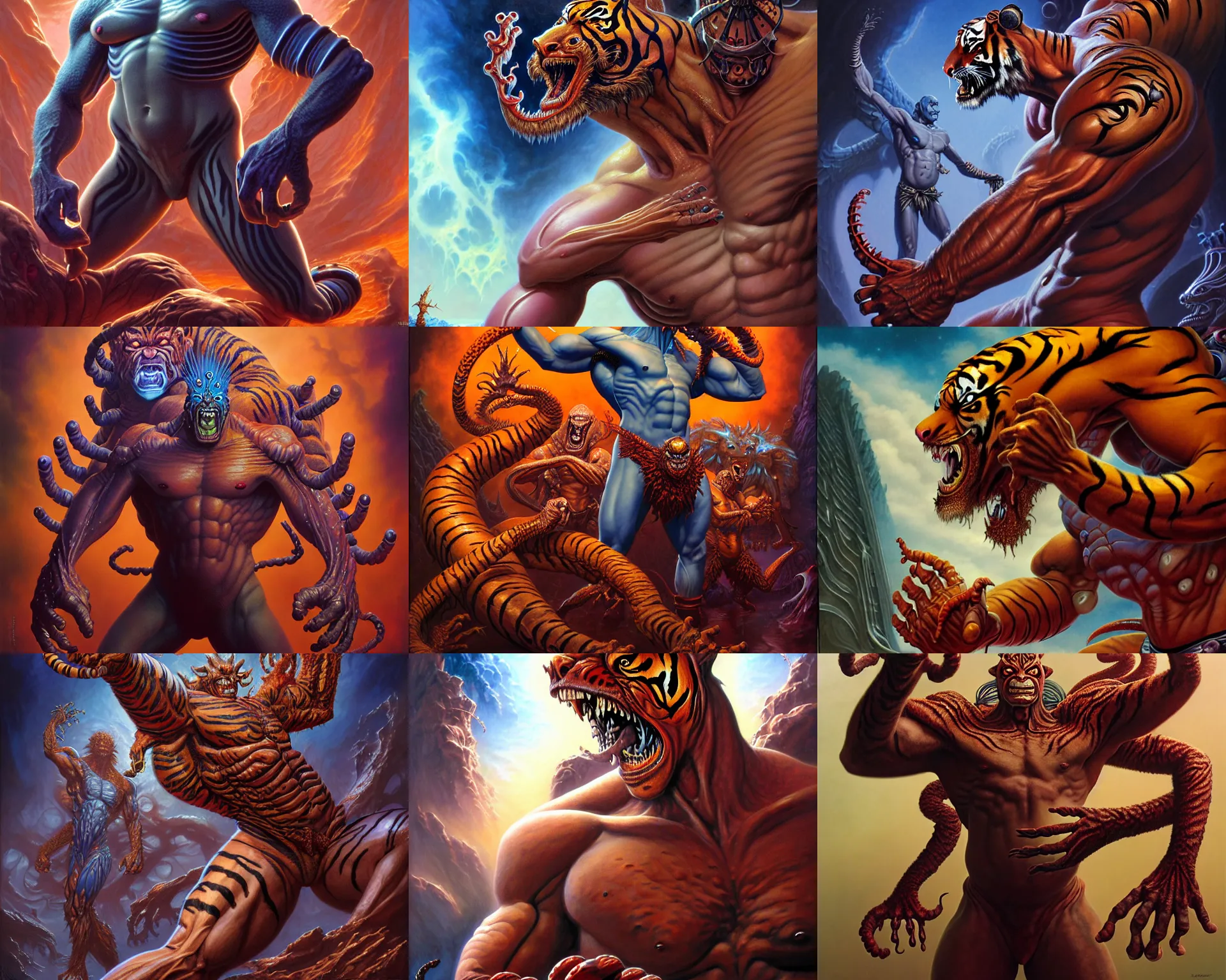 Prompt: a person with four arms, mutant, goro, vishnu arms, fantasy art portrait, ultra realistic, cinematic, wide angle, tiger skin, highly detailed by boris vallejo, scott roberston, marco plouffe, neville page, aaron horkey, wayne barlowe, craig mullins, roberto ferri, hajime sorayama