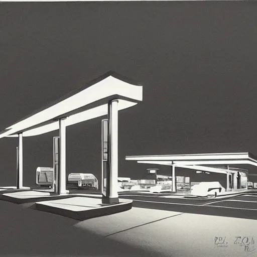 Prompt: a gas station at night by emiliano ponzi, george ault, bauhaus, retrofuturism, concept art, matte drawing