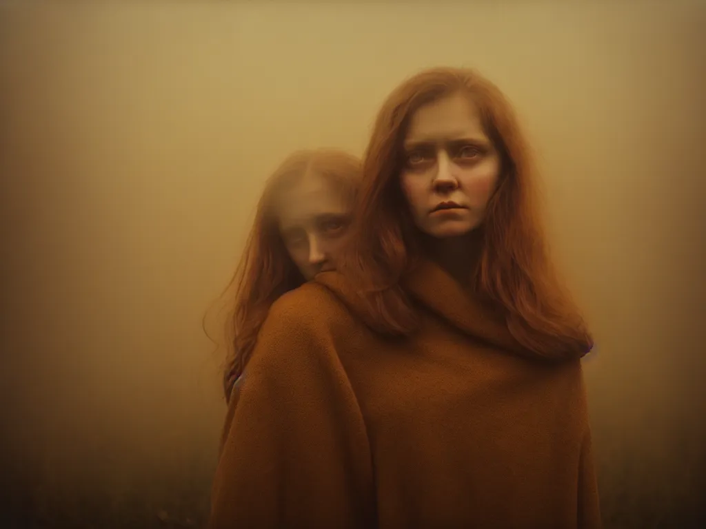 Prompt: medium portrait of young woman, solemn expression, faded color film, russian cinema, tarkovsky, kodachrome, heavy birch forest, long brown hair, old clothing, heavy fog, atmospheric haze, brown color palette, sunset, low light, dramatic lighting