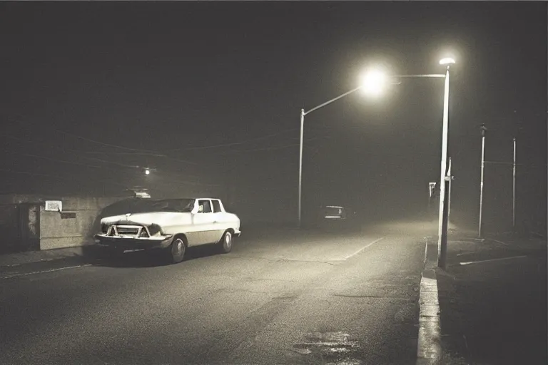 Prompt: an emty street with a car at night with only by one street light, photo by Gregory Crewdson,