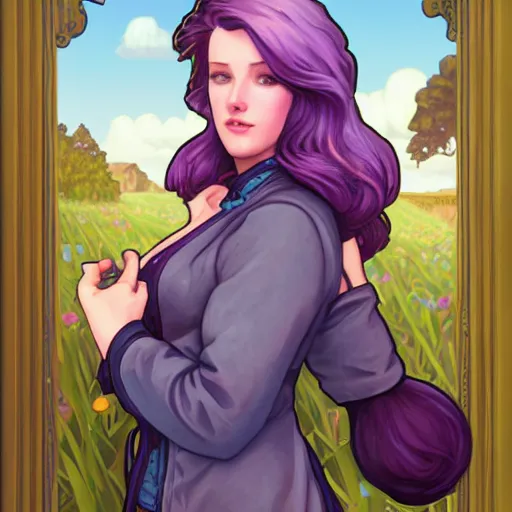 Prompt: realistic depiction of abigail from stardew valley, purple hair, blue eyes, art by tan zi and artgerm and alphonse mucha and peter mohrbacher