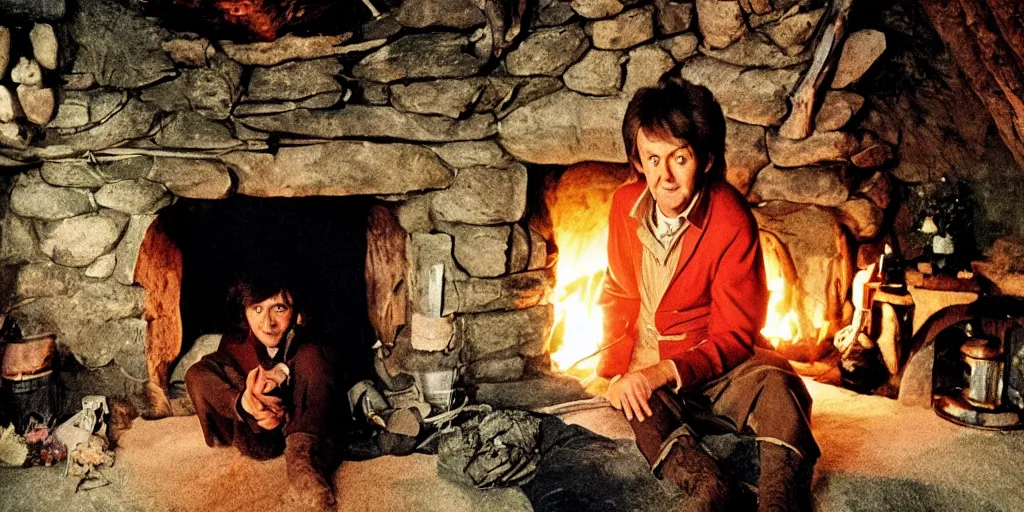 Image similar to A full color still of 30-year-old Paul McCartney, dressed as a hobbit inside his cozy house at night with light from a fireplace, directed by Stanley Kubrick, 35mm, 1970