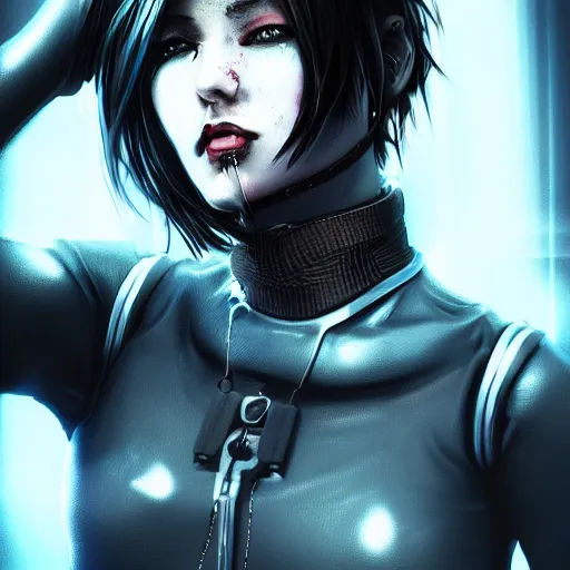 Image similar to realistic female character cyberpunk wearing technological collar around neck, realistic, art, beautiful, 4K, collar, choker, collar around neck, punk, artstation, detailed, female, woman, choker, dark,