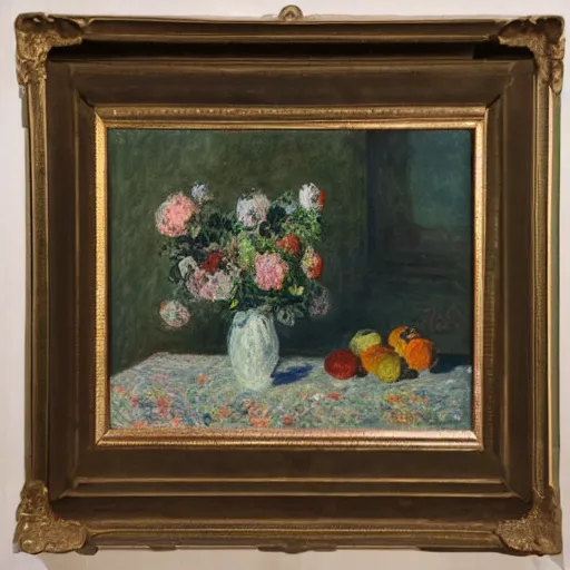 Image similar to Impressionist painting of a still life, highly proficient, museum collection, 19th-century, monet, somber