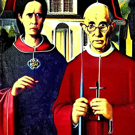 Image similar to the pope and satan in the style of american gothic