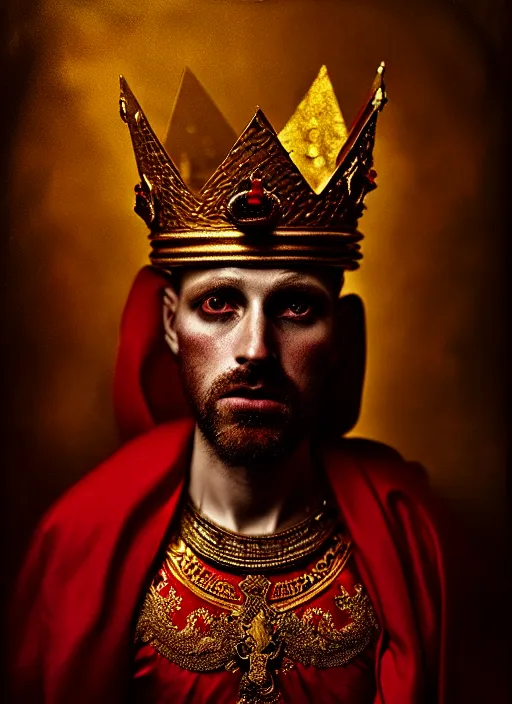 Image similar to 'Portrait of Crowned King Arthur' by Lee Jeffries royally decorated, whirling plasma, atmospheric motes, red and gold Sumptuous garb, gilt silk fabric, radiant colors, fantasy, perfect lighting, studio lit, micro details,