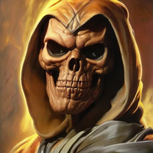 Image similar to ultra realistic portrait painting of skeletor as obi - wan kenobi, art by frank frazetta, 4 k, ultra realistic, highly detailed, epic lighting