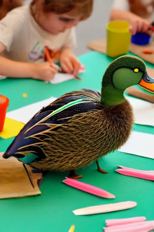 Image similar to a cute mallard duck at a summer camp, enjoying craft activities at the crafts table