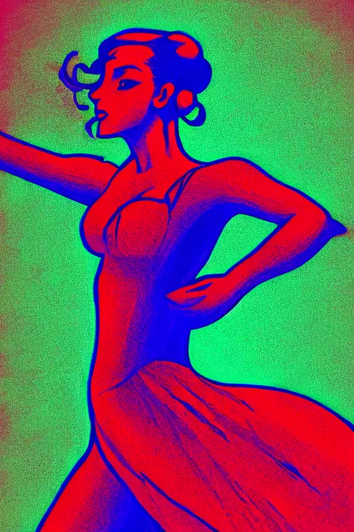 Prompt: illustrated poster of a dancer, in the style of john avon and raul urias and eva widermann, trending on artstation, halfrear lighting closeup view anaglyph filter, bokeh, anime, colored pencil art, belle epoque