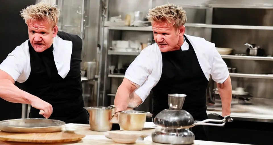 Image similar to photo of angry furious Gordon Ramsay punching Gordon Ramsay at the kitchen