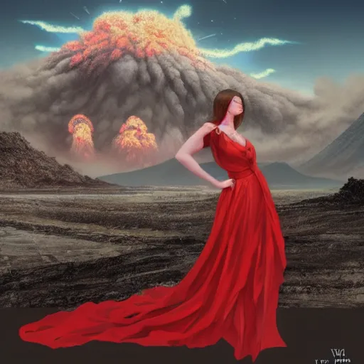 Image similar to luxury advertisement, a highly detailed epic cinematic concept art CG render digital painting artwork of a woman in a red dress posing in front of an erupting volcano. By Greg Rutkowski, Ilya Kuvshinov, WLOP, Stanley Artgerm Lau, Ruan Jia and Fenghua Zhong, trending on ArtStation, made in Maya, Blender and Photoshop, octane render, excellent composition, cinematic atmosphere, dynamic dramatic cinematic lighting, aesthetic, very inspirational, arthouse