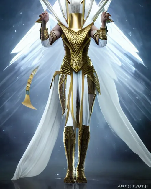 Image similar to perfect white haired attractive egyptian goddess, warframe armor, pharaoh headdress, beautiful, symmetric, dreamy, half asian, pretty face, green eyes, charlize theron, detailed, scifi platform, laboratory, experiment, 4 k, ultra realistic, epic lighting, android body, illuminated, cinematic, masterpiece, art by akihito tsukushi, voidstar