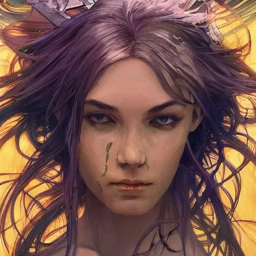 Image similar to cyborg, female, fantasy, bioluminiscence, flowing hair, portrait, highly detailed, digital painting, beautiful eyes, symmetry, concept art, sharp focus, illustration, art by artgerm and greg rutkowski and magali villeneuve and ilya kuvshinov! : : alphonse mucha : : - 0. 2