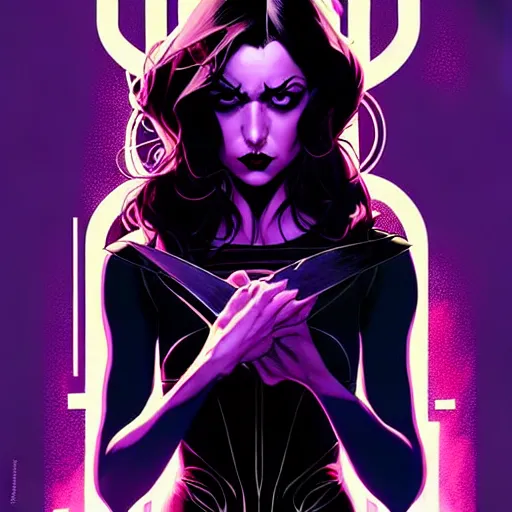 Image similar to rafael albuquerque comic cover art, artgerm, joshua middleton, pretty stella maeve witch doing black magic, serious look, purple dress, symmetrical eyes, symmetrical face, long black hair, twisted evil dark forest in the background, cool colors