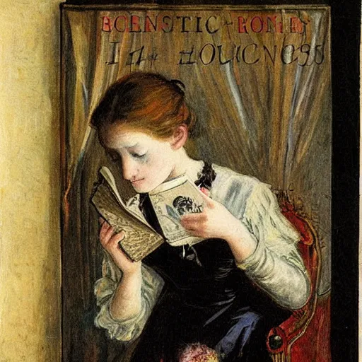 Prompt: scared young victorian lady reading a horror book with an occult symbol on the cover, painted by alfred stevens