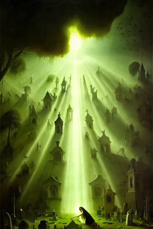 Image similar to hieronymus bosch, greg rutkowski, anna podedworna, painting of the broccoli, god rays, wide shot of a graveyard lit by spooky green lights