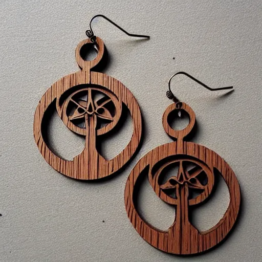 Prompt: 2 d wood lasercut earrings, mystical symbols, 8 k, hd, trending on artstation, trending on deviantart, trending on etsy, epic digital art