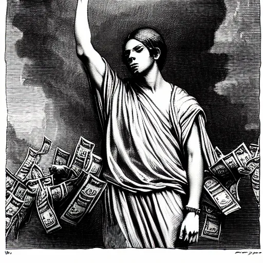 Image similar to lil durk rapper holding stacks of cash, biblical image, style of gustave dore, highly detailed, beautiful, high contrast, black and white