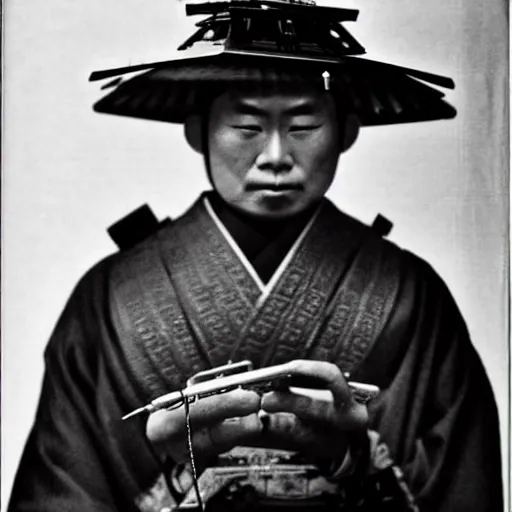 Prompt: samurai talking in mobile phone, tokyo 1915, high contrast