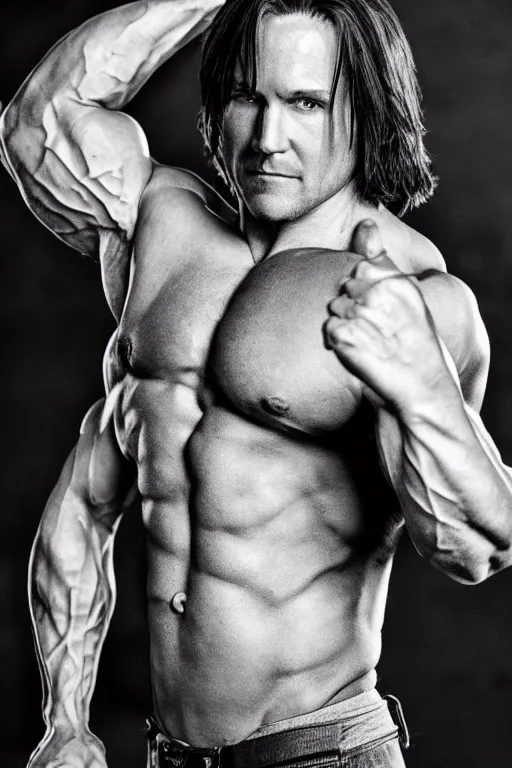 Image similar to Matthew Mercer is a jacked muscle builder gigachad, grayscale photography, Critical Role, Raised eyebrow