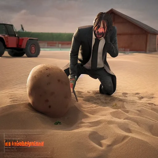 Image similar to john wick digging potatoes in belarus, instagram photo, photorealistic, hyper detailed, hyper realistic, houdini, vfx, unreal engine 5, octane render, 8 k