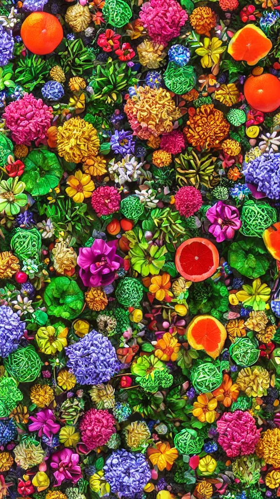 Prompt: a detailed render of a modular synth made of flowers and fruits, redshift renderer, hyperdetailed, 4k, soft lit