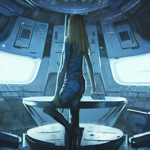 Image similar to concept art by greg rutkowski, a very tall, and slender blonde woman, wearing blue utilitarian jumpsuit, sitting in the spaceship command bridge, brutalist futuristic interior, dark lighting atmosphere, detailed portraits, nostalgic atmosphere, scifi, digital painting, artstation, concept art, smooth, sharp foccus ilustration, artstation hq