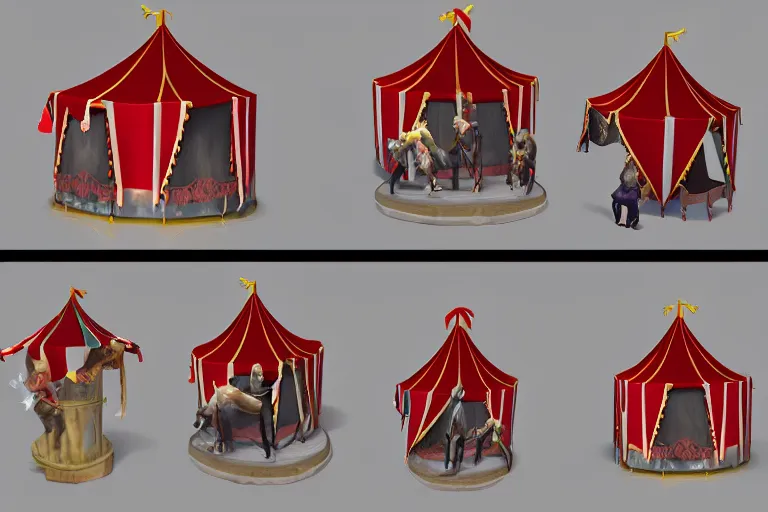 Prompt: 3d sculpt of a circus tent, artstaton, League of Legends, red dead redemption2, overwatch, digital illustration