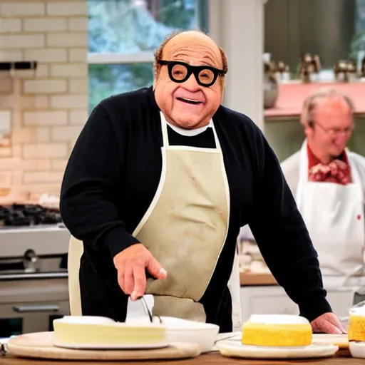 Prompt: danny devito baking a cake on the great british bake off