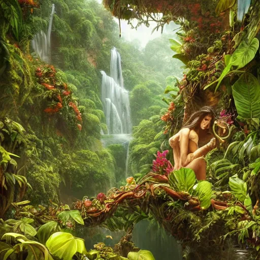 Prompt: a beautiful jungle landscape bordered by vines, flowers, tropical birds, monkey, snake, river with stunning water, d & d, fantasy, intricate, elegant, highly detailed, digital painting, artstation, concept art, matte, sharp focus, illustration, art by artgerm and greg rutkowski and alphonse mucha