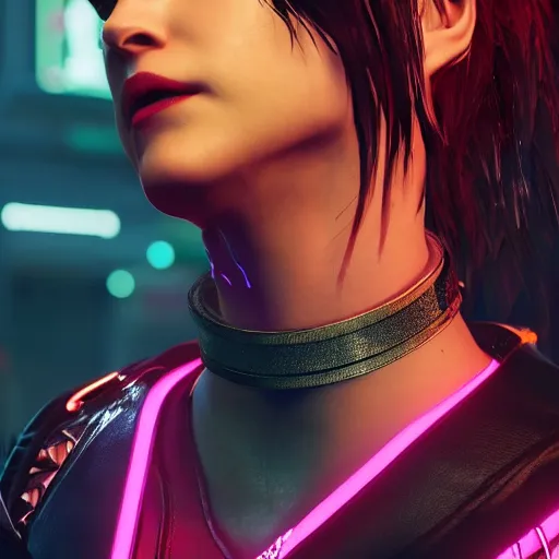 Image similar to female V from Cyberpunk 2077 wearing spiked steel choker, steel collar, steel choker, punk, steel collar, 4K, realistic, spiked collar, portrait, art, beautiful,