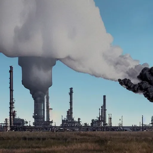 Prompt: epic photo of greta thunberg as superman flying realistic backlit background oil refinery explosions and black smoke