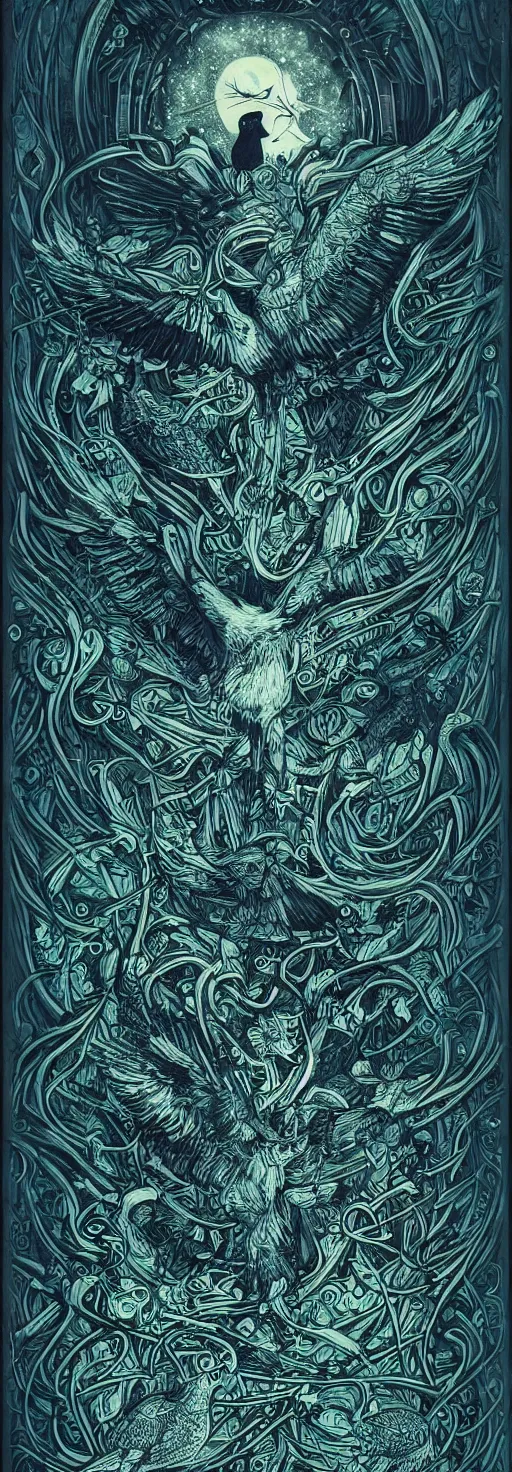 Prompt: psychedelic, monochrome artwork!!, raven, deer, in front of an owl that is a window into the ocean, typography, hr giger, didier comes, james jean, andreas rocha,