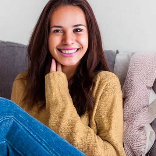 Image similar to a cute young woman smiling, long shiny bronze brown hair, full round face, green eyes, medium skin tone, light cute freckles, smiling softly, wearing casual clothing, relaxing on a modern couch, interior lighting, cozy living room background, medium shot, mid-shot, soft focus