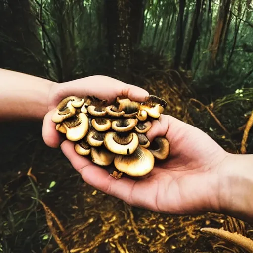 Prompt: iphone 1 3 pro photo of hands holding a golden teacher mushrooms