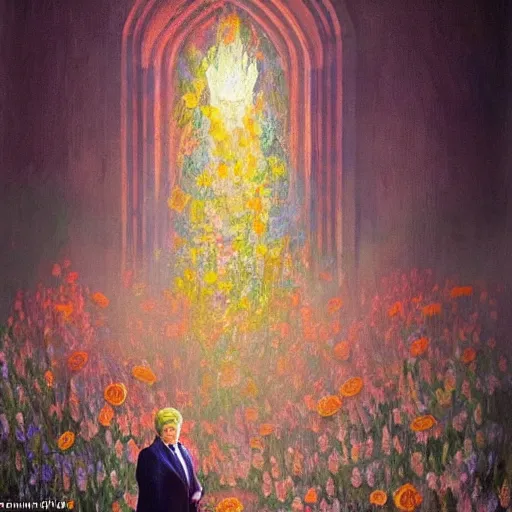 Image similar to a portrait of trump in flowers radiates holy light in the church,in the style of greg rutkowski,epic lighting,Fauvism style,Masterpieces,oil on canvas